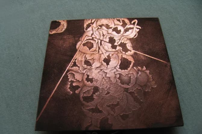 A finished mezzotint plate on a green cloth: a dark, evenly rocked ground with a cluster of flowers and a fine diagonal line worked out of it in light.